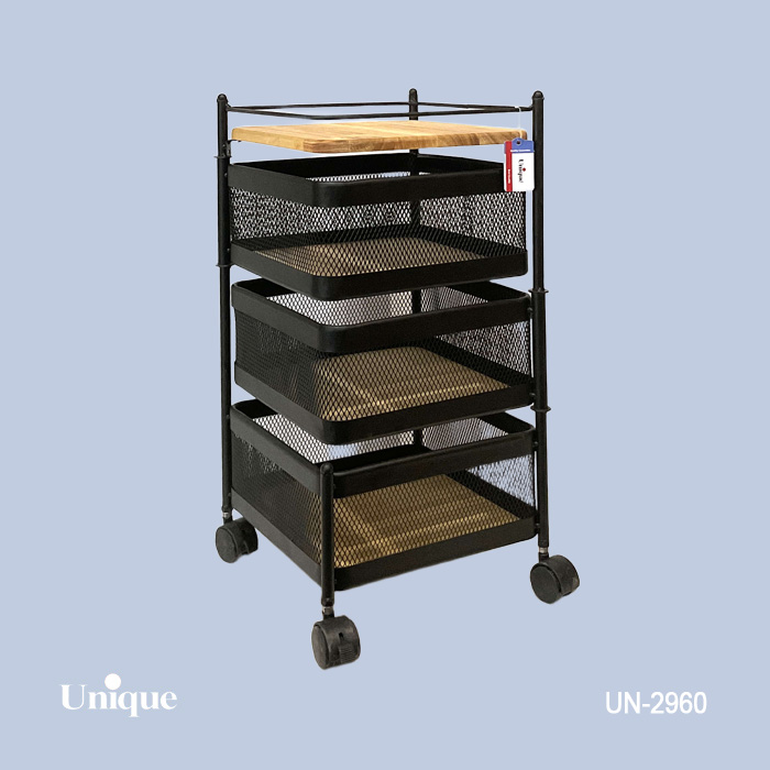 سبد سیب زمینی پیاز  3 طبقه برند یونیک Unique کد UN-2960 مدل توری مربع چرخ دار
