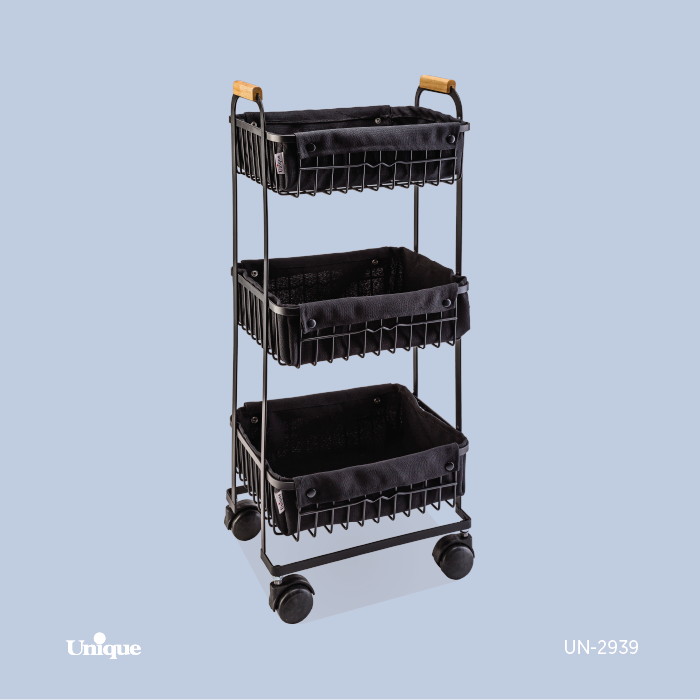 سبد سیب زمینی پیاز 3 طبقه برند یونیک Unique کد UN-2939 مدل ساده پارچه دار و چرخ دار