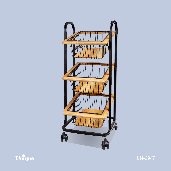 سبد سیب زمینی پیاز 3 طبقه برند یونیک Unique کد UN-2947 مدل دور چوب چرخ دار