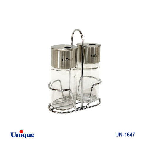 جا ادویه 2 تایی شیشه ای مربع برند یونیک Unique کد UN-1647 پایه فلزی مدل رستورانی