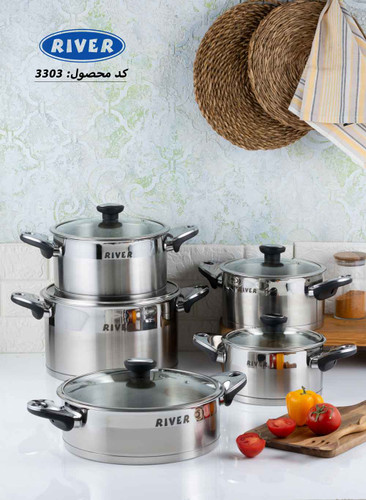 سرویس قابلمه 10 پارچه برند ریور River کد 3303 جنس تمام استیل دستگیره باکالیتی استیل