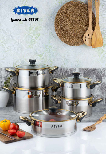 سرویس قابلمه 10 پارچه برند ریور River کد G-3303 جنس تمام استیل دستگیره باکالیتی استیل