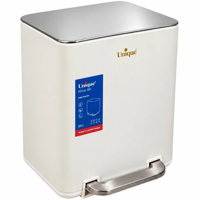 سطل زباله چهارگوش برند یونیک Unique کد UN-4303 ظرفیت 20 لیتری رنگ سفید
